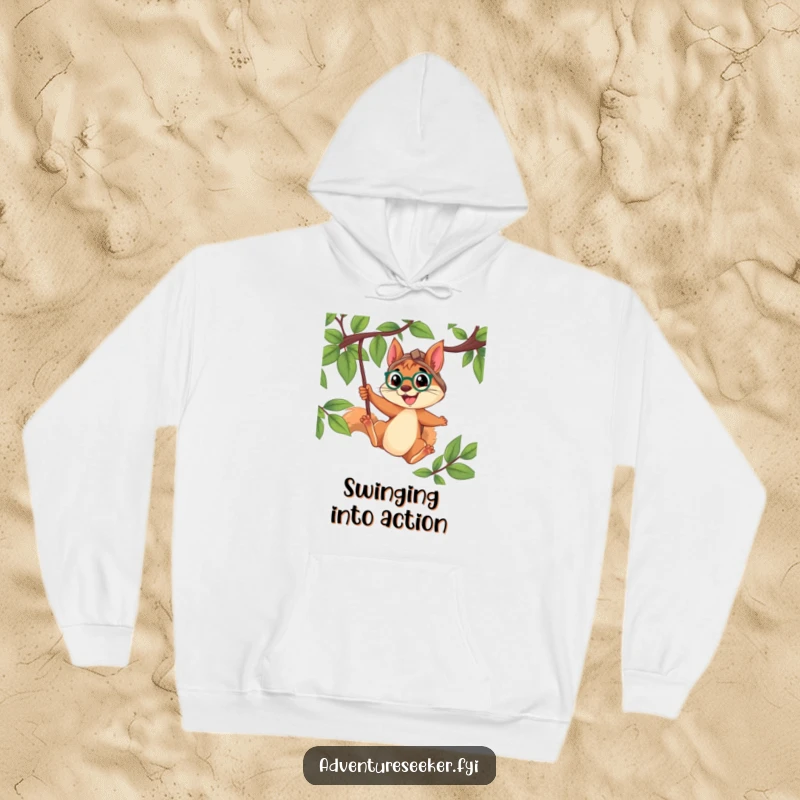 Funny Squirrel Explorer Hoodie: Determined squirrel swinging from a vine with a wide smile, offering warmth and a humorous touch for active individuals.