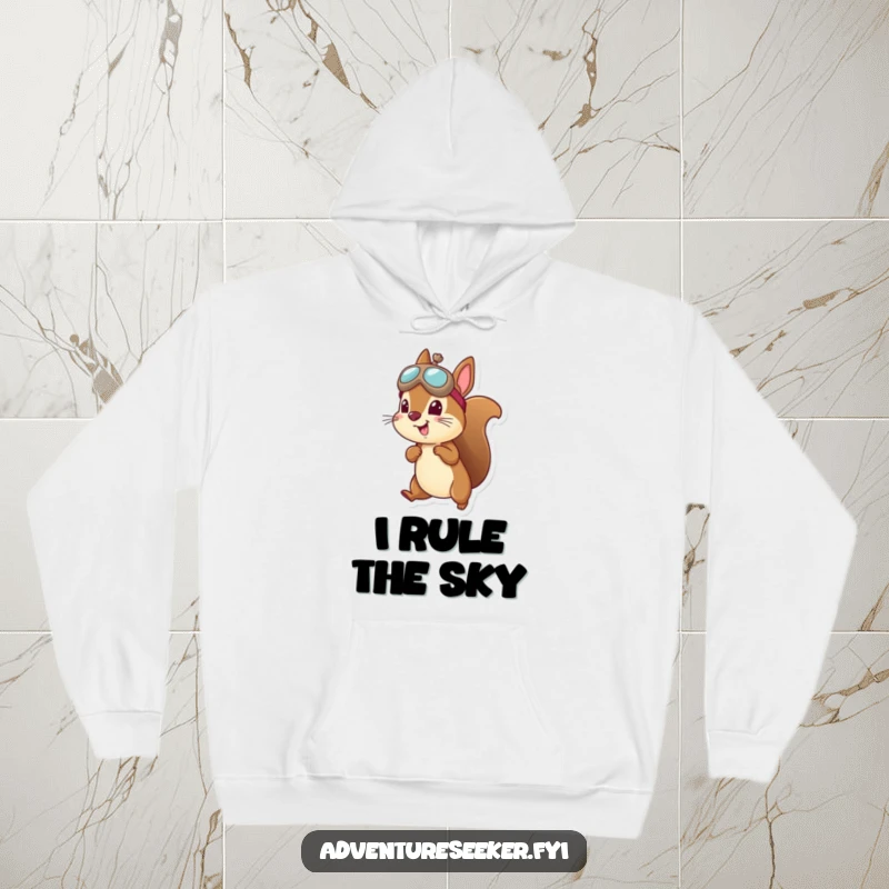 Funny squirrel aviator hoodie featuring a cheerful squirrel in a miniature hat, captured mid-flight.