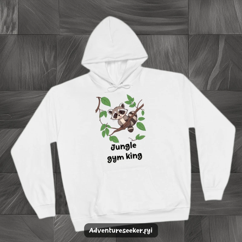 Funny raccoon acrobat hoodie showcasing a resourceful raccoon skillfully navigating a jungle vine.