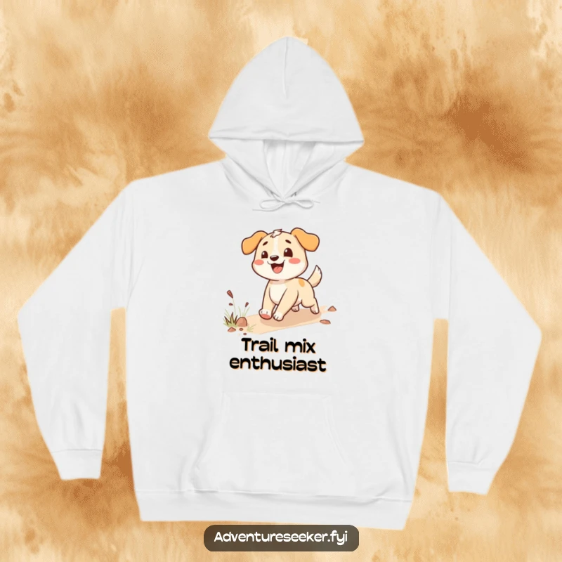 Funny happy dog hoodie with an enthusiastic character following a trail, offering warmth and canine-themed humor.