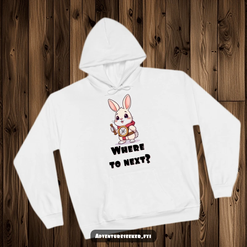 Funny rabbit explorer hoodie showcasing a brave rabbit with a compass, looking towards adventure.