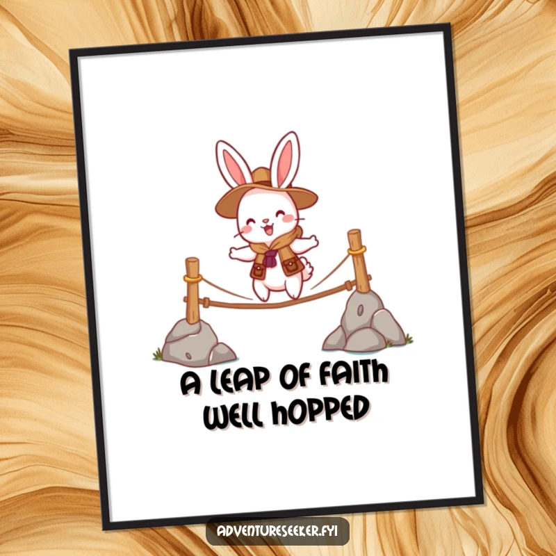 Funny Free Printable Rabbit Bridge Wall Art: A cheerful rabbit scout bravely traverses a wobbly rope bridge, inspiring adventure.
