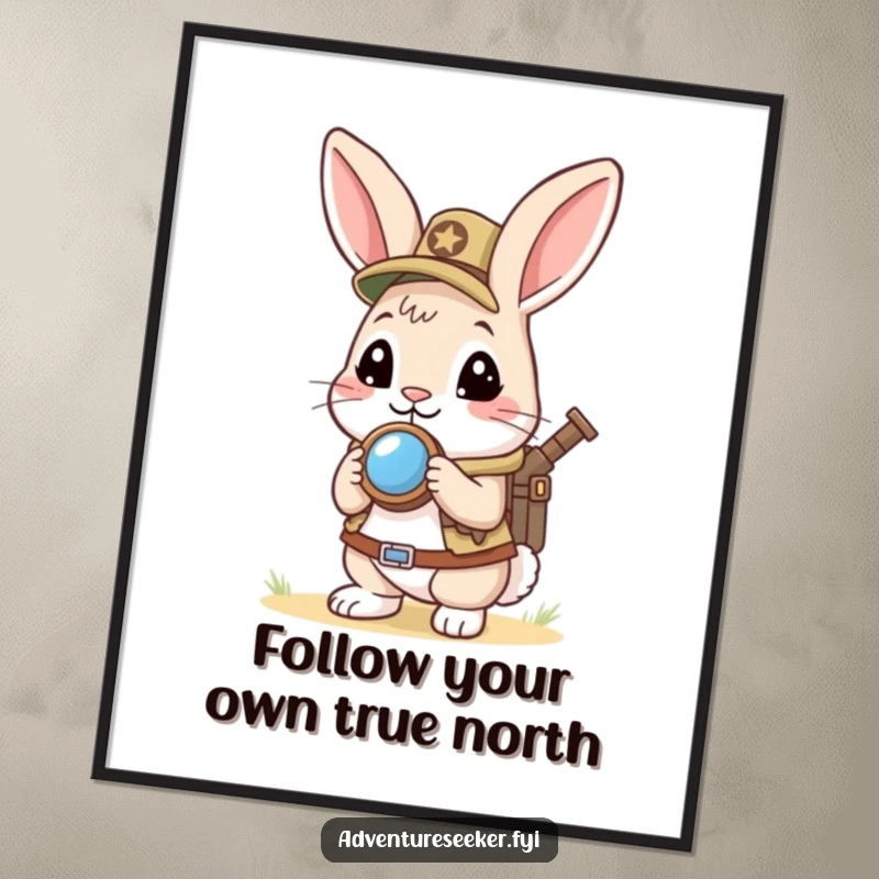 Funny Free Printable Wall Art: Curious rabbit scout with mini compass looking eagerly ahead, embodying exploration.