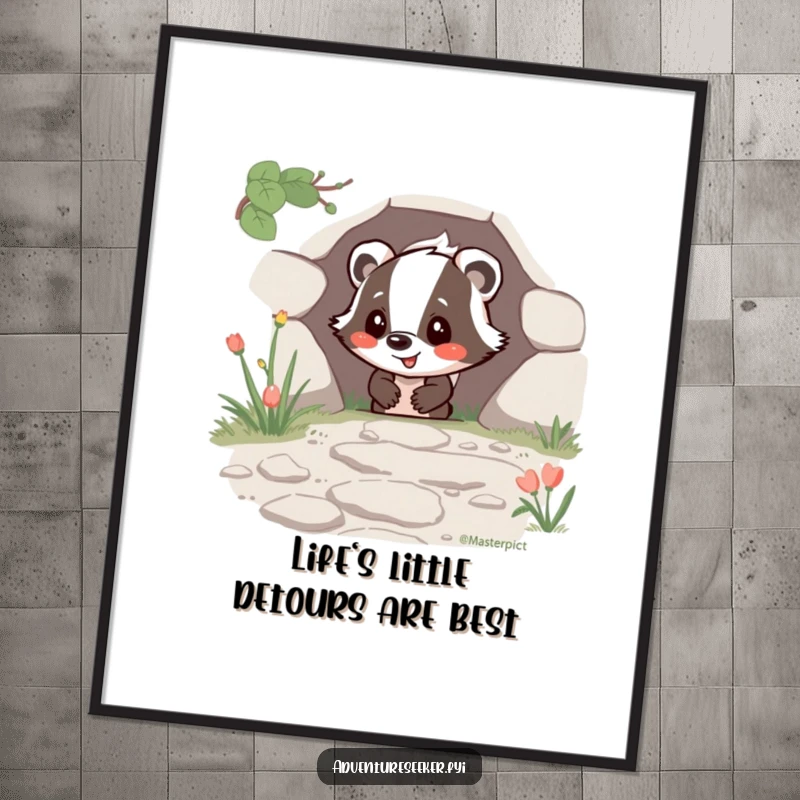 Funny Free Printable Wall Art of a happy badger character stumbling upon a secret, overgrown path in a lush forest.