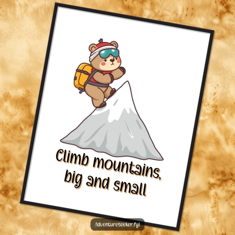 Funny Free Printable Wall Art: Playful bear mountaineer climbing a stylized mountain, embodying ambition and adventure.
