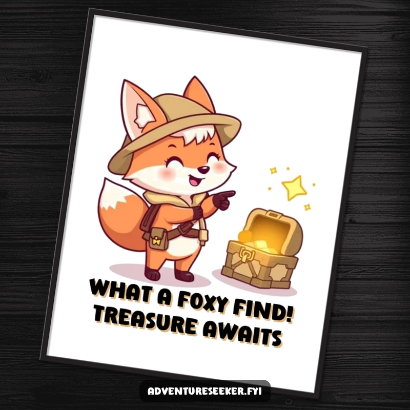 Funny Free Printable Fox Treasure Wall Art: A happy fox explorer points excitedly at a sparkling treasure chest, evoking adventure.