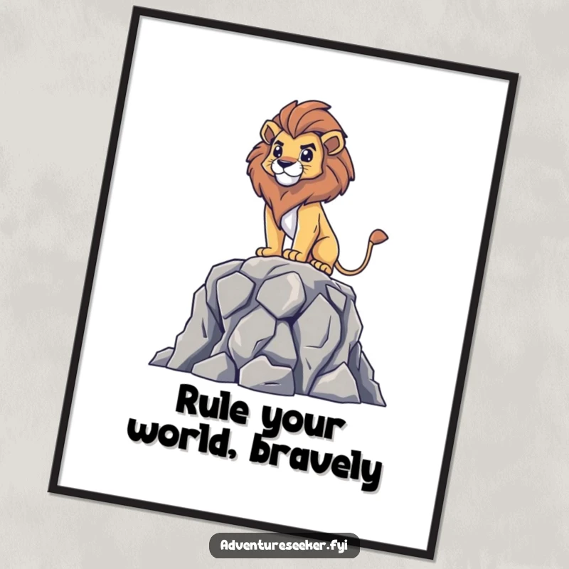 Funny Free Printable Lion Wall Art: Brave lion standing atop a rocky outcrop, surveying with power, downloadable decor.