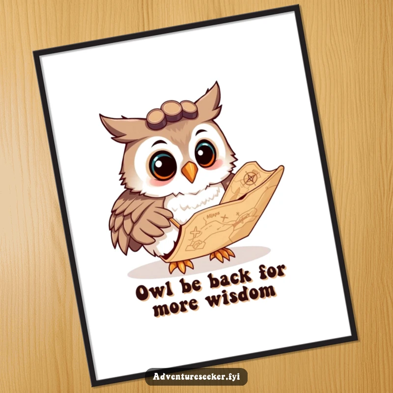 Funny Free Printable Owl Navigator Wall Art: A curious owl smiles studying a large, ancient map, inspiring exploration.