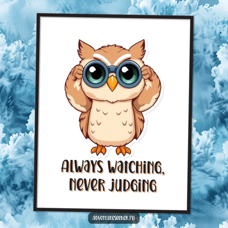 Funny Free Printable Wall Art: A curious owl peers through binoculars, adding playful decor to any room.