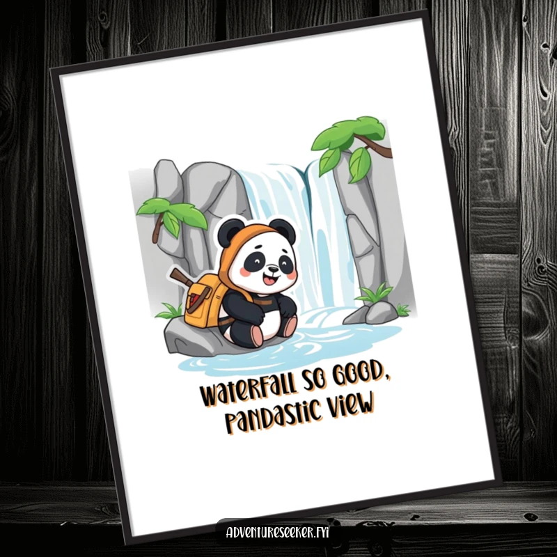 Funny free printable wall art of a happy panda adventurer resting peacefully beside a stylized waterfall, tranquil and humorous, downloadable decor.