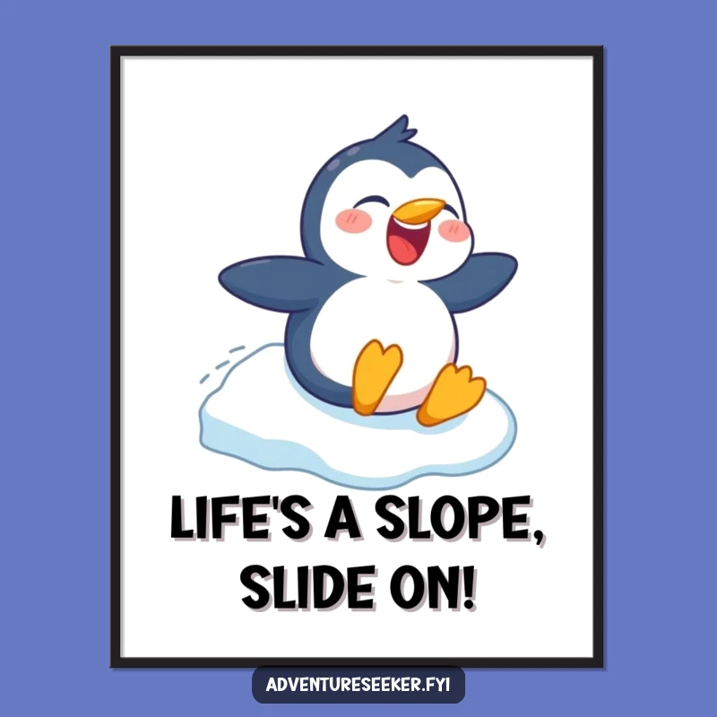 Free Printable Penguin Art: Funny Ice Slide Laugh Downloadable Wall Decor
