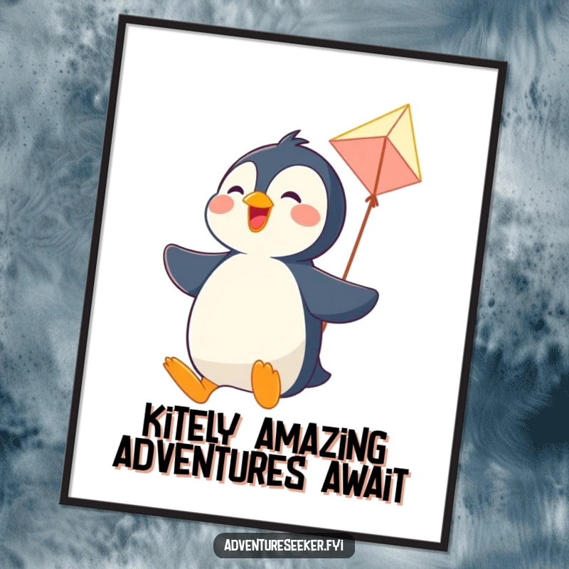Funny Free Printable Wall Art: A joyful penguin character soaring gleefully through the air on a handcrafted kite.