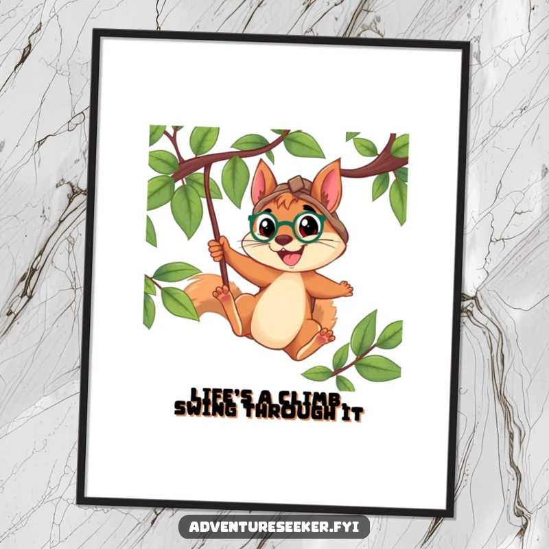 Funny Free Printable Wall Art: Determined squirrel explorer smiling while swinging from a vine, embodying adventure and joy.
