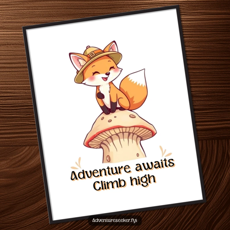 Funny Free Printable Wall Art: Fox wearing a pith helmet climbing a tall, colorful mushroom, whimsical adventure.