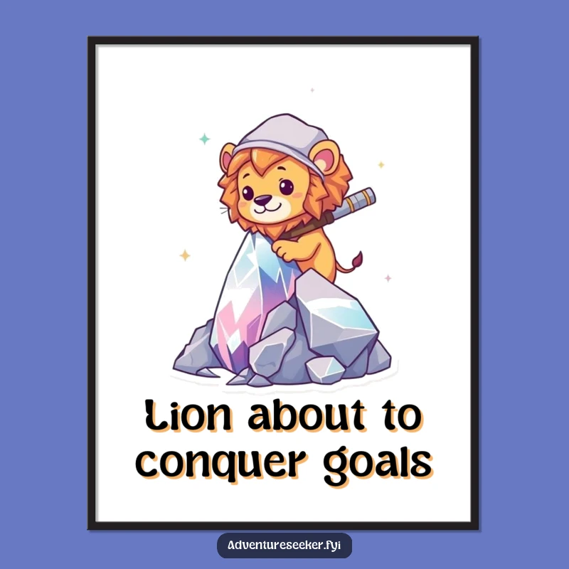 Free Printable Wall Art: Bold Lion Explorer Crystal Climb - Funny Downloadable Decor Gift