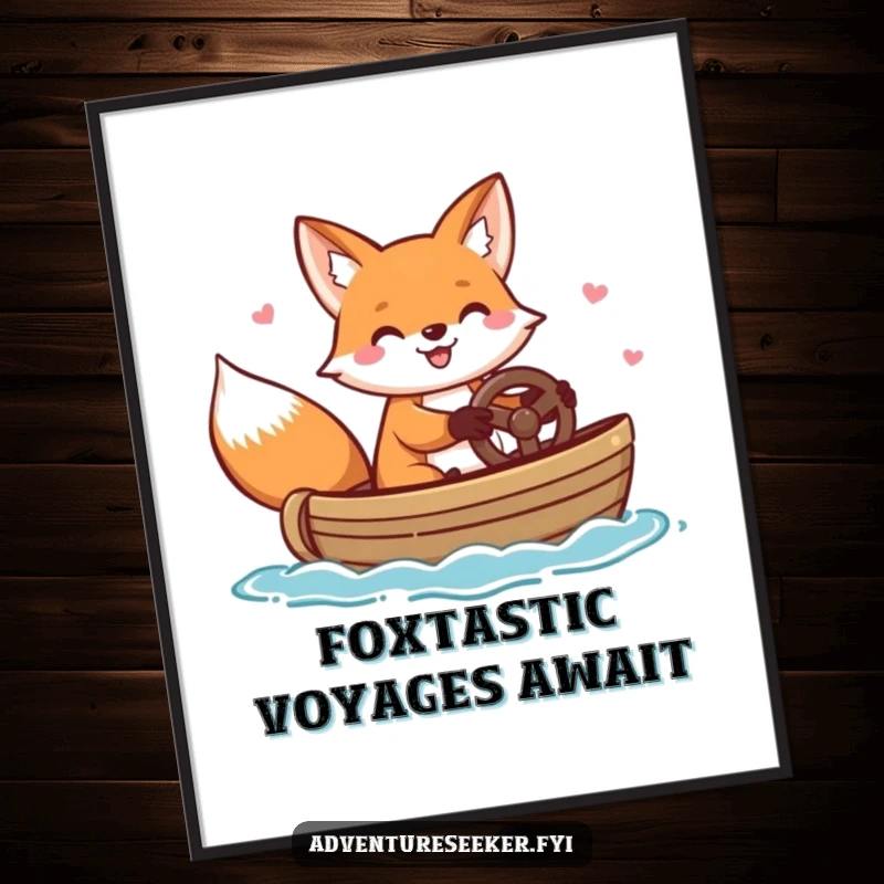 Funny free printable wall art of a cheerful fox happily steering a small boat, creating a playful nautical scene.