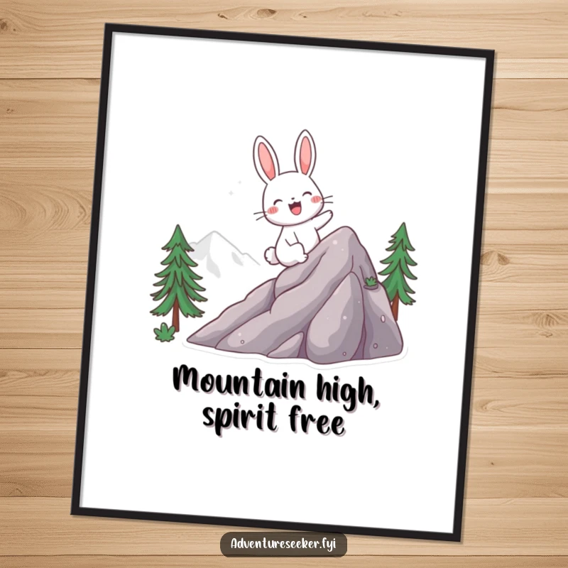 Funny free printable wall art of a giggling rabbit excitedly climbing a mountain, embodying perseverance and joy.