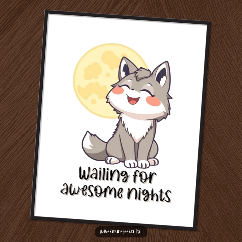 Funny Free Printable Wall Art: A happy wolf howling with pure joy at a beautifully stylized moon in the night sky.