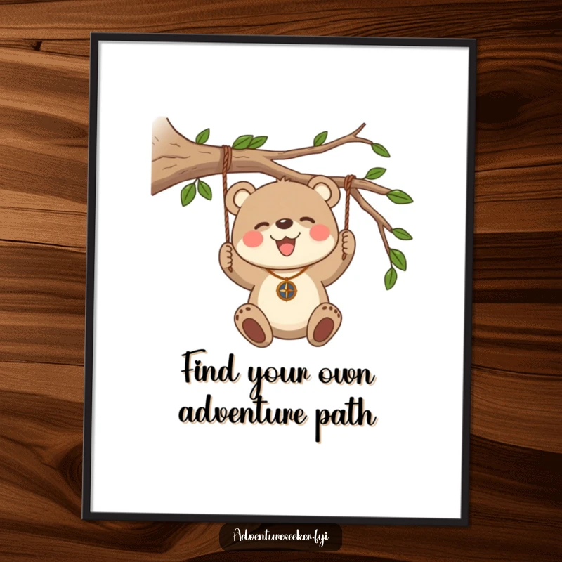 Funny Free Printable Wall Art: Joyful bear cub with a compass necklace swinging from a sturdy branch, forest adventure.