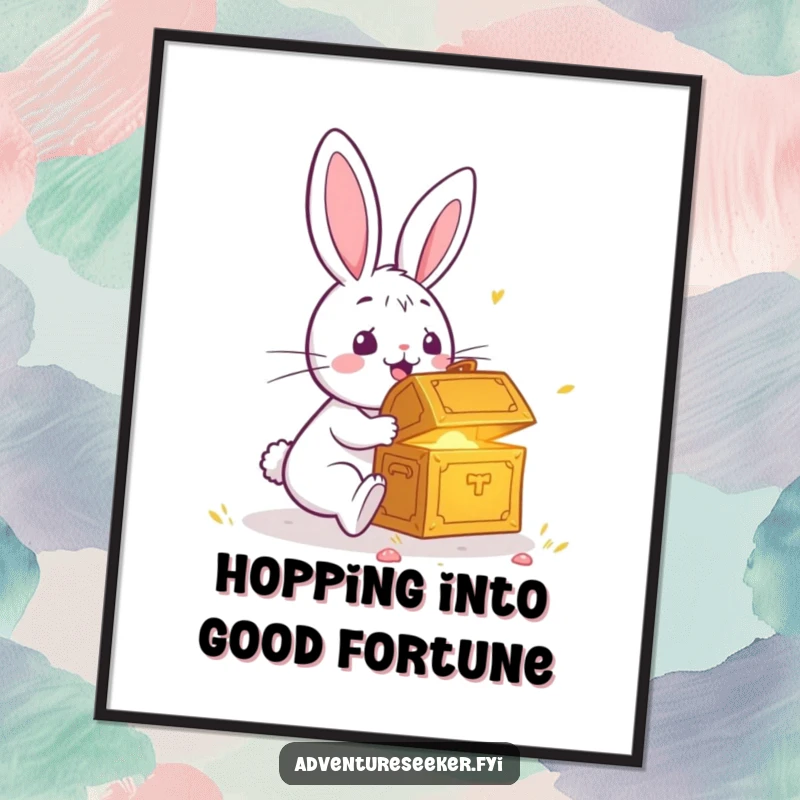 Funny Free Printable Rabbit Wall Art: A surprised rabbit stumbling upon a glowing treasure chest, bringing wonder.