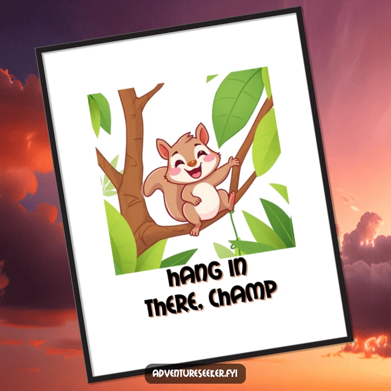 Funny Free Printable Squirrel Wall Art: A delighted squirrel grinning while swinging on a jungle vine, adding humor.