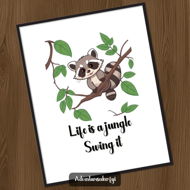 Funny Free Printable Wall Art of a resourceful raccoon expertly navigating a jungle vine with skill and a hint of mischief.