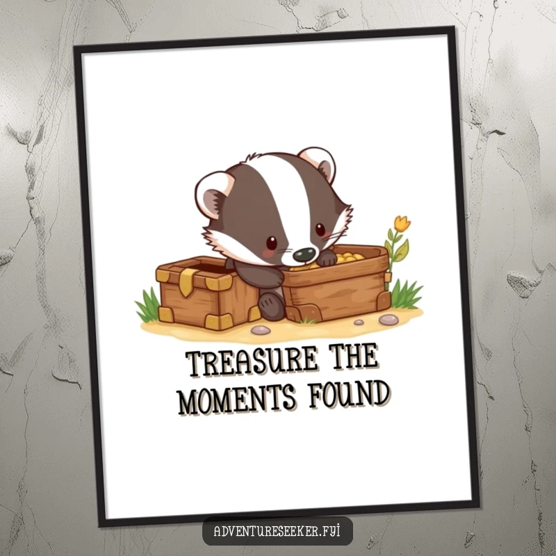 Funny Free Printable Wall Art: A curious badger character digging with glee near a brightly shining treasure chest.