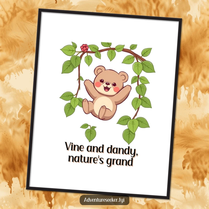 Funny free printable wall art of a small bear joyfully swinging on a vine, adding a whimsical touch to decor.