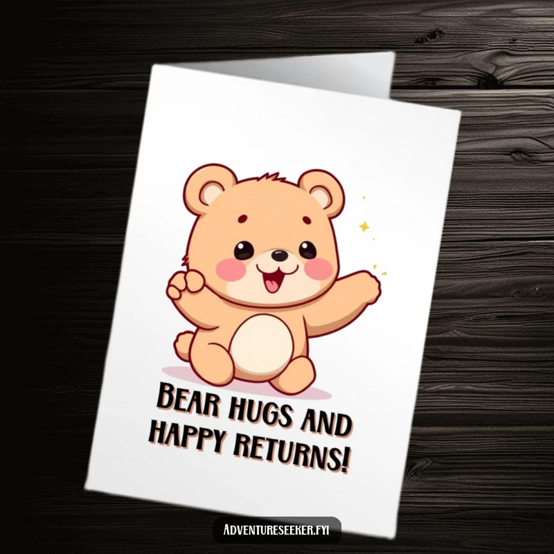 Funny Free Printable Birthday Card: Bear cub excitedly points to a sparkling mountain, ready for adventure. A joyous DIY greeting.