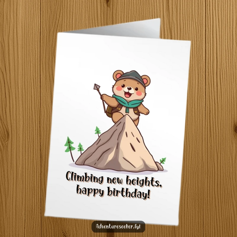 Funny Free Printable Bear Birthday Card: A cute bear adventurer joyfully climbs a stylized mountain, ready to deliver birthday wishes.