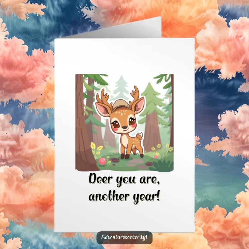Funny free printable birthday card of a shy deer scout emerging from a forest, looking curious, with a gentle humorous feel, downloadable gift.
