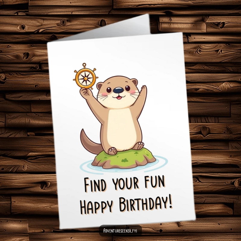 Funny Free Printable Birthday Card: Curious otter holding a tiny compass triumphantly on an island, ready for celebration.