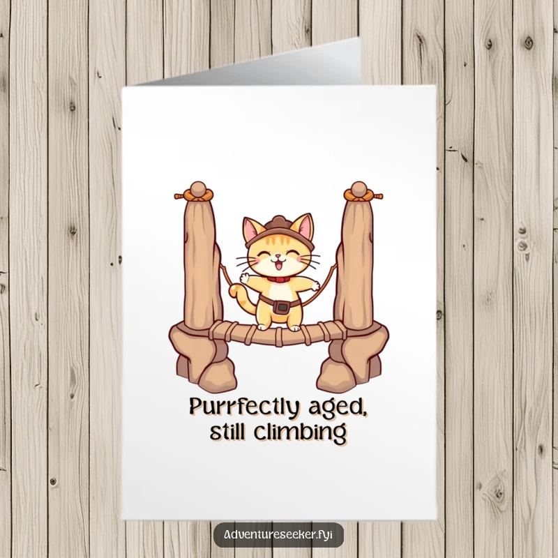Funny Free Printable Birthday Card: An adventurous cat bravely crosses a rope bridge, ready for birthday fun.