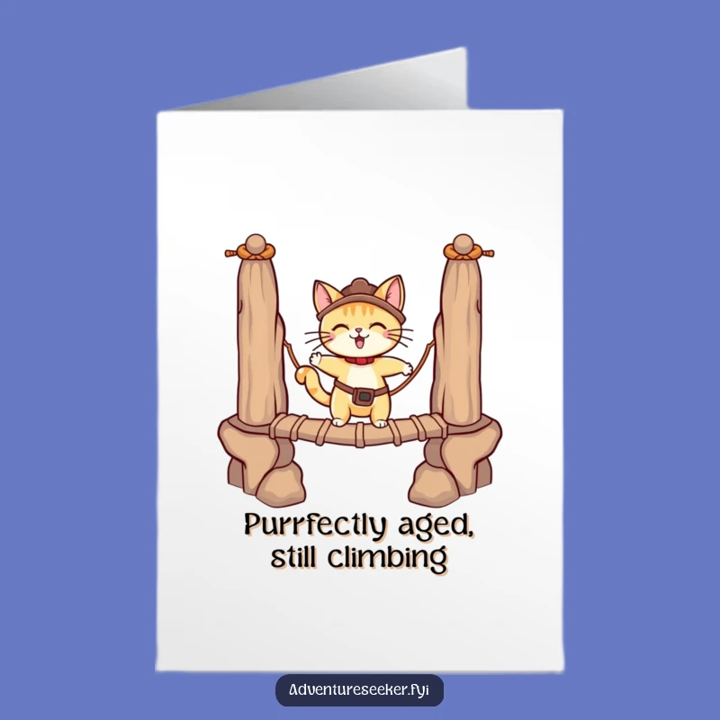 Free Printable Adventurous Cat Birthday Card: Brave Bridge Crossing Downloadable