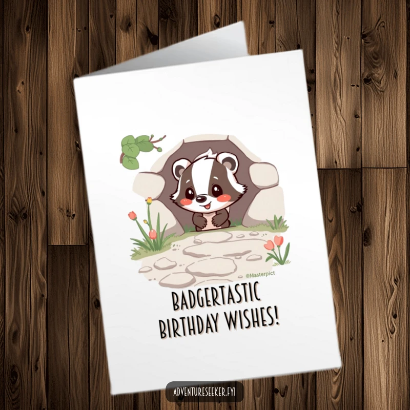Funny Free Printable Birthday Card with a happy badger character joyfully discovering a hidden path in a whimsical forest.
