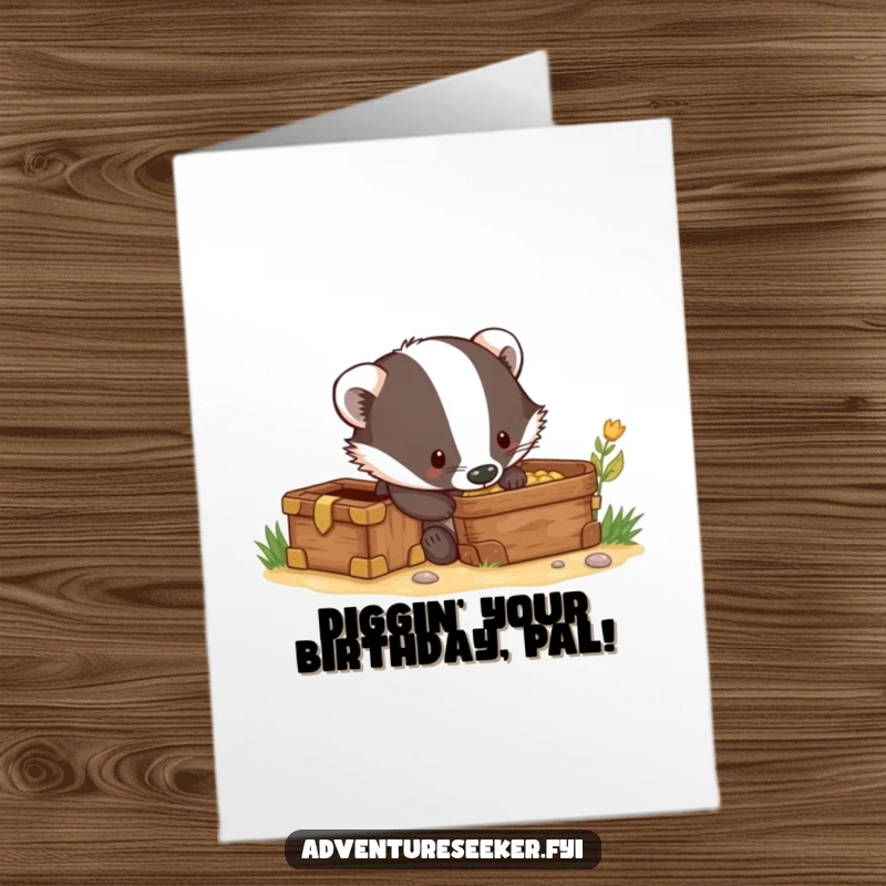 Funny Free Printable Birthday Card: Curious badger enthusiastically digging near a treasure chest, ready for birthday riches.
