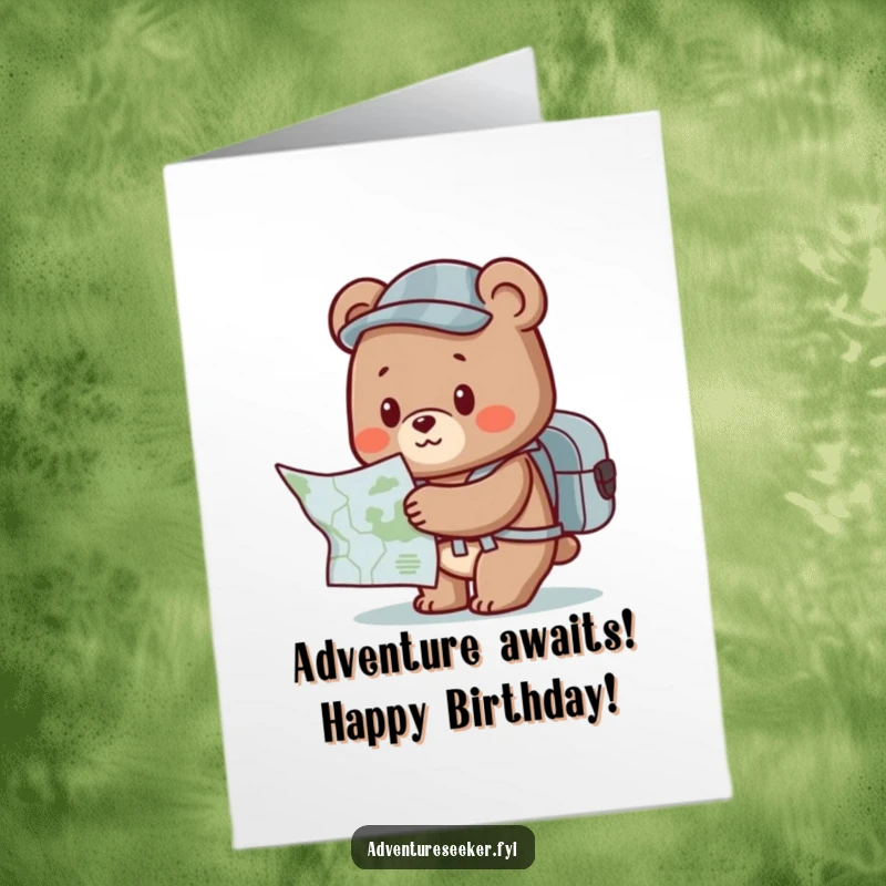 Funny Free Printable Bear Birthday Card: A cute bear with a backpack eagerly studies a map, ready for adventure.