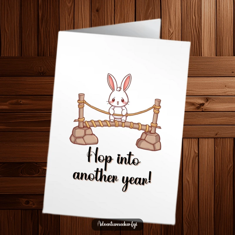Funny Free Printable Birthday Card: Determined rabbit bravely crosses a rickety rope bridge, symbolizing birthday challenges. A courageous DIY greeting.