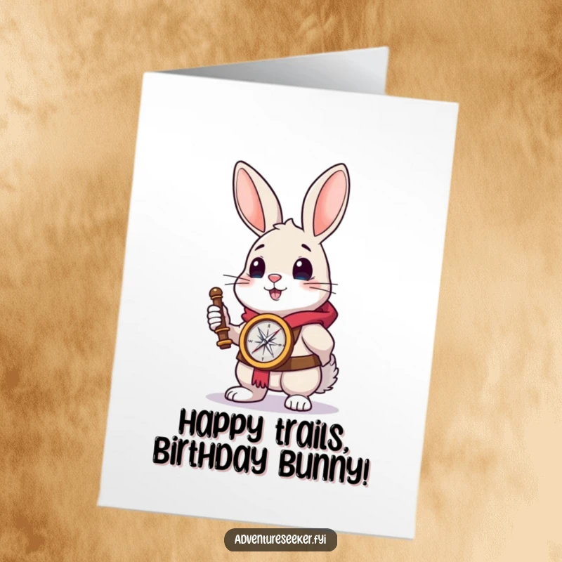 Funny Free Printable Birthday Card: a brave rabbit holds a compass, gazing at the horizon, ready for birthday adventures.