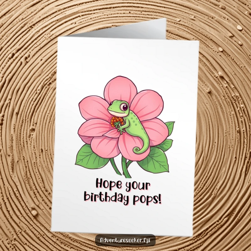 Funny Free Printable Chameleon Birthday Card: Playful chameleon blending into a giant, colourful flower, wishing happy birthday.