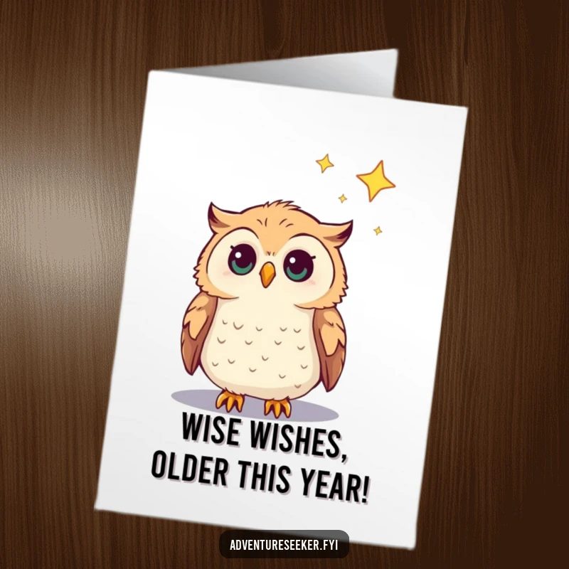 Funny Free Printable Birthday Card featuring a curious owl character gazing up at a twinkling distant star.