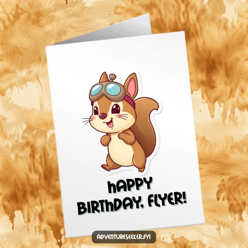 Funny Free Printable Birthday Card: a cheerful squirrel sporting a tiny aviator hat, caught mid-flight, ready for fun.