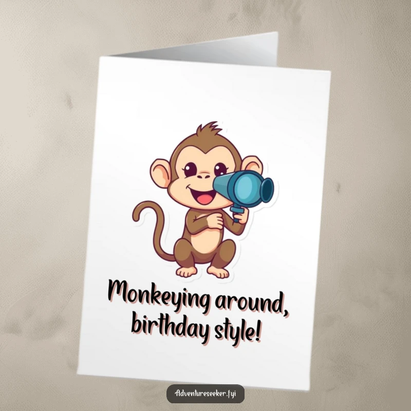 Funny Free Printable Birthday Card with a mischievous monkey character excitedly looking through a telescope at the stars.