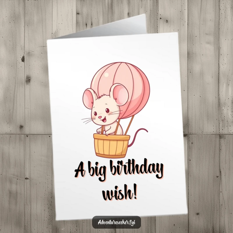 Funny Free Printable Birthday Card: An energetic mouse rides a miniature hot air balloon, celebrating a special day.