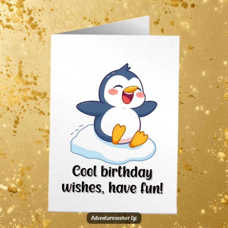 Funny Free Printable Penguin Birthday Card: Cheerful penguin laughing, sliding downhill on ice, perfect DIY gift.
