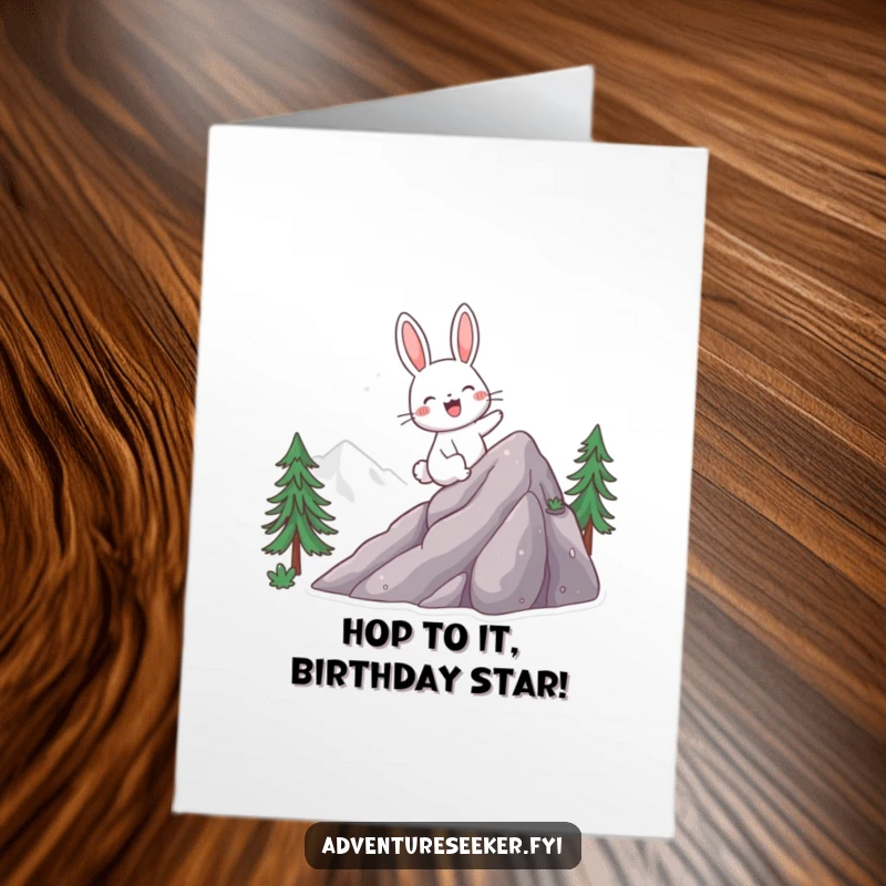 Funny free printable birthday card showing a giggling rabbit excitedly climbing a steep mountain, celebrating success.