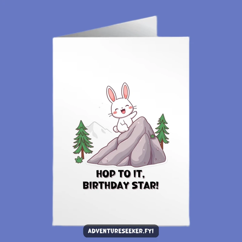 Free Printable Rabbit Birthday Card: Funny Mountain Climb Design Downloadable Gift