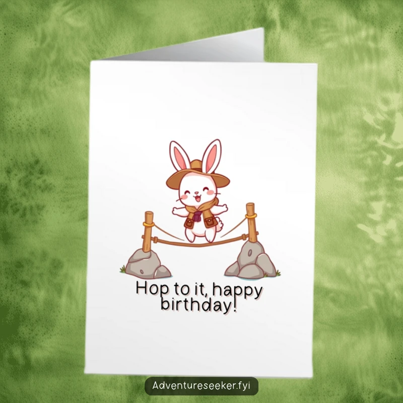 Funny Free Printable Rabbit Birthday Card: A cheerful rabbit scout bravely crosses a wobbly rope bridge on a birthday quest.