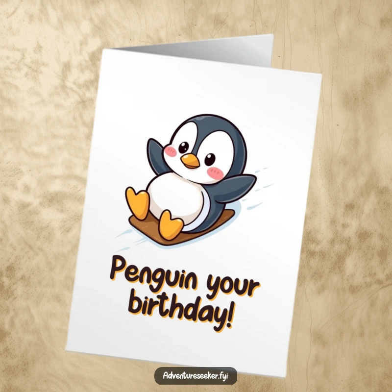 Funny Free Printable Birthday Card: A wobbly penguin hilariously slides down an icy slope, ready for celebration.