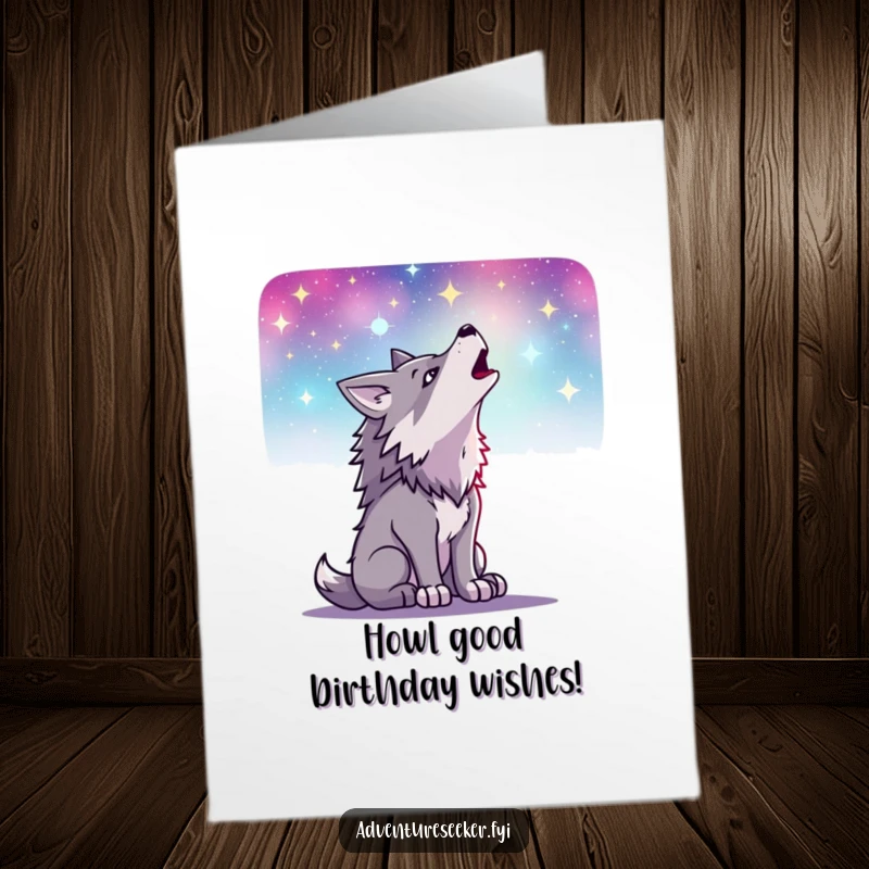 Funny Free Printable Wolf Birthday Card: Determined wolf howling at a starry night sky, wishing happy birthday.